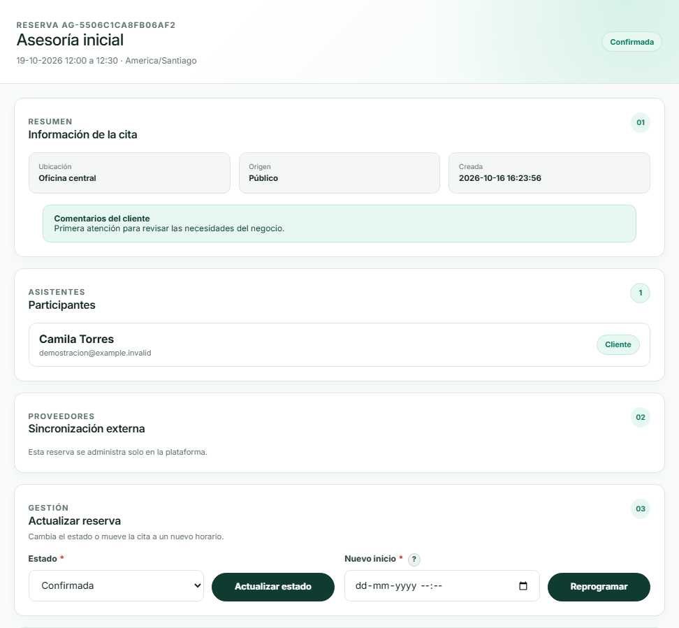 Detalle real de una reserva en Utomaki con servicio, horario, participante y opciones de gestión